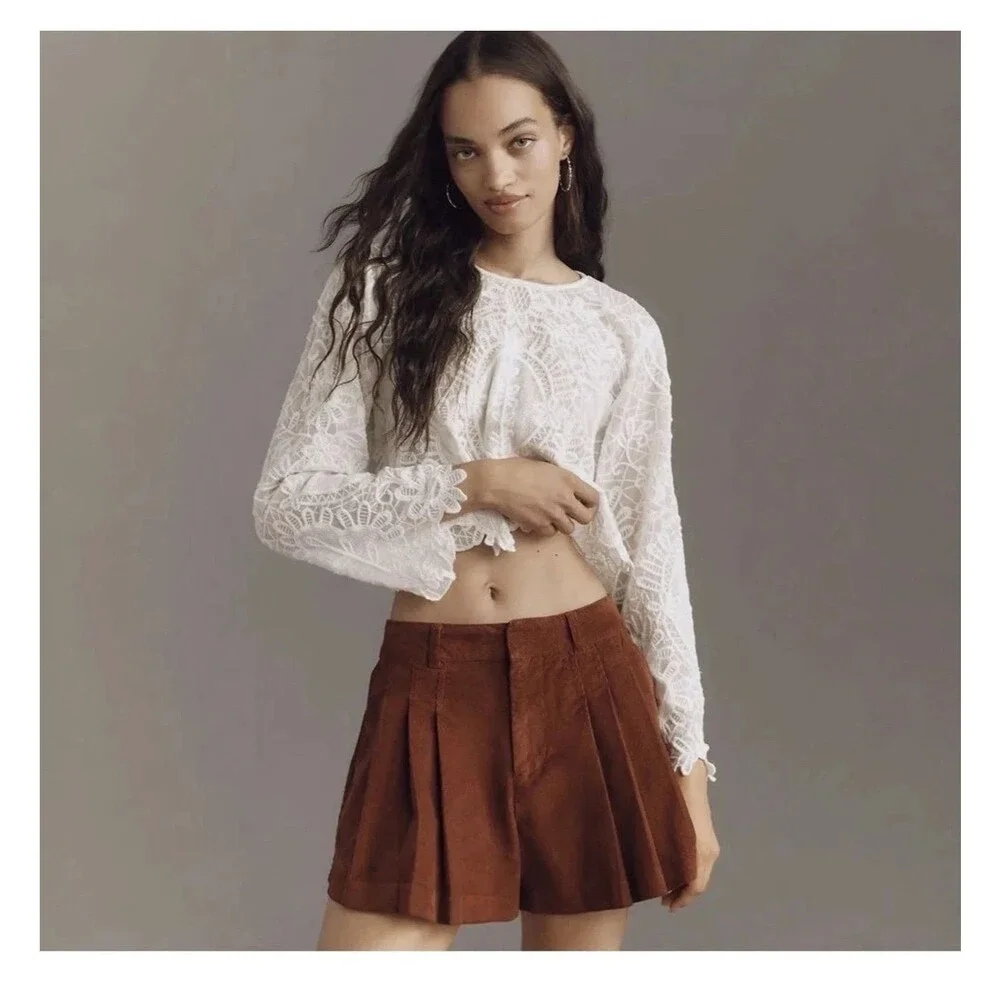 NWT Anthropologie Pilcro Women's Size 28 Corduroy Pleated Skirty Shorts Brown - Picture 1 of 10